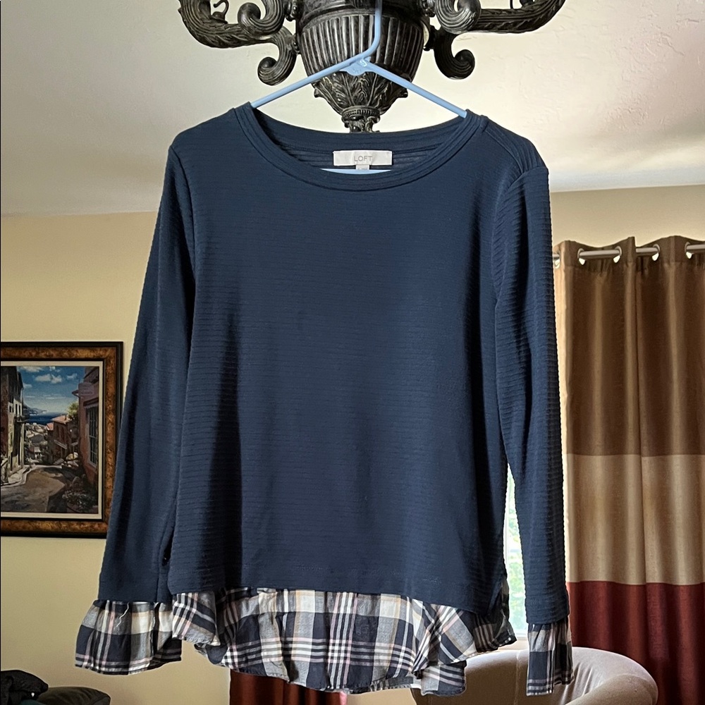 LOFT Navy Top with Plaid Detail